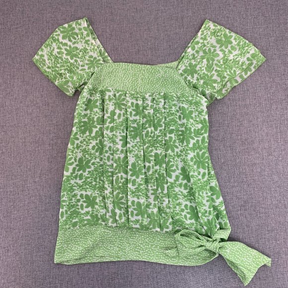 APT 9 Beautiful Green‎ Floral Blouse Small Pleated Off Shoulder Cute Bow Tie - Picture 1 of 12